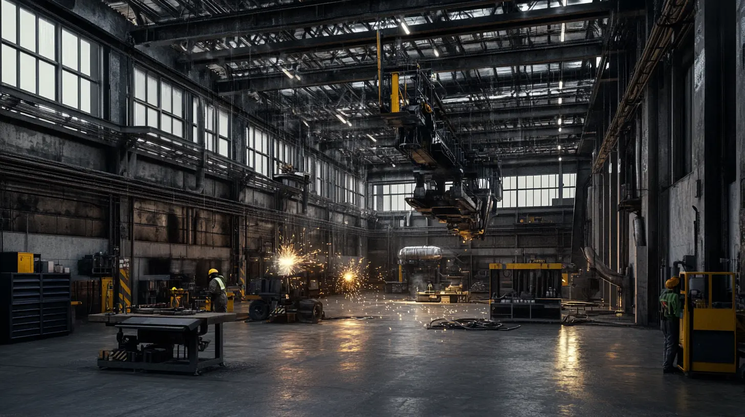 high-tech industrial warehouse, overhead crane undergoing maintenance